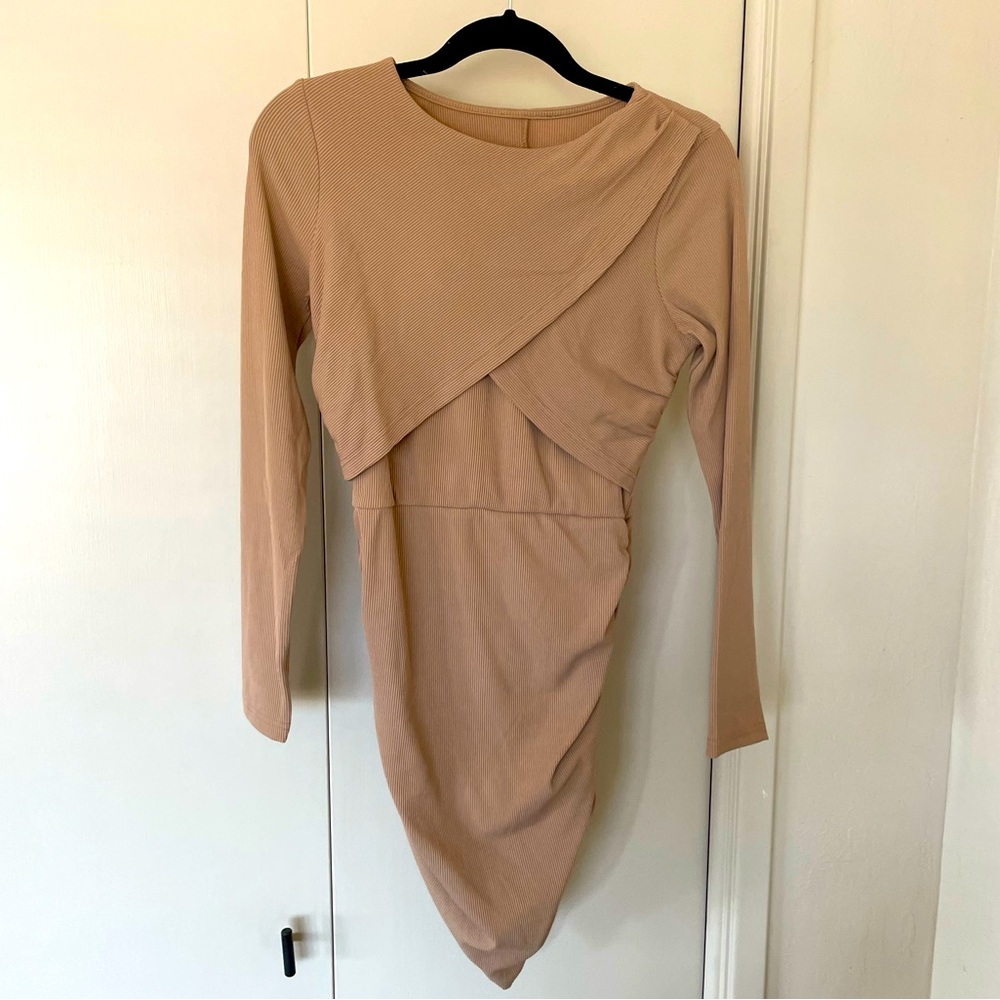 NWOT Tan Ruched Bodycon Mini Dress Long Sleeve Night Out S